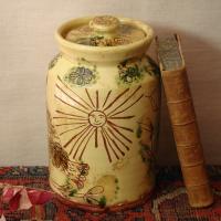 Redware 9.50 in Sgraffito Jar with Owl, Sun and Tulip Decoration
