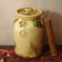 Redware 9.50 in Sgraffito Jar with Owl, Sun and Tulip Decoration