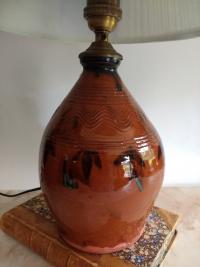 Redware Table Lamp with Black Drip Accents