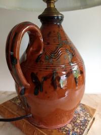 Redware Table Lamp with Black Drip Accents