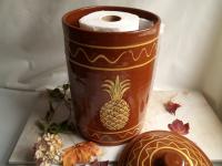 Redware Paper Towel Holder with Sgraffito Pineapple Motif