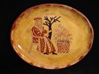 Custom Order Kulina Folk Art Redware Oval Platter with Old World Santa Sgraffito Motif