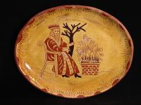 Custom Order Kulina Folk Art Redware Oval Platter with Old World Santa Sgraffito Motif