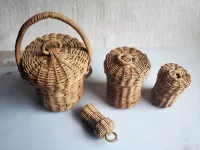 Vintage Set of 4 Hand-Woven Rattan Baskets with Lids and Handles - Miniature Nesting Collection