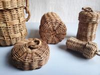 Vintage Set of 4 Hand-Woven Rattan Baskets with Lids and Handles - Miniature Nesting Collection