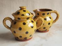 Redware Jar with Rope Handles and Black Polka Dots