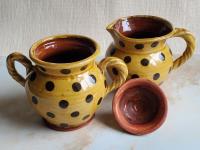 Redware Jar with Rope Handles and Black Polka Dots