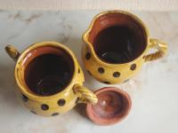 Redware Jar with Rope Handles and Black Polka Dots