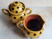 Redware Pitcher with Rope Handle and Black Polka Dots