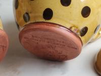 Redware Pitcher with Rope Handle and Black Polka Dots
