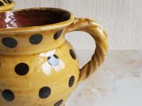 Redware Pitcher with Rope Handle and Black Polka Dots