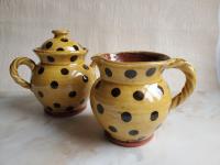 Redware Pitcher with Rope Handle and Black Polka Dots