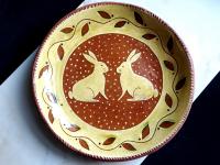 Custom Order Kulina Folk Art Redware 11 in. Plate with Two Rabbits and Leaves Motif