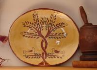 Custom Order Kulina Folk Art Redware Oval Platter, Doves and Trees Sgraffito Motif