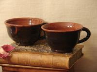 Redware Cups (2) with Rope Handles and Black Glaze