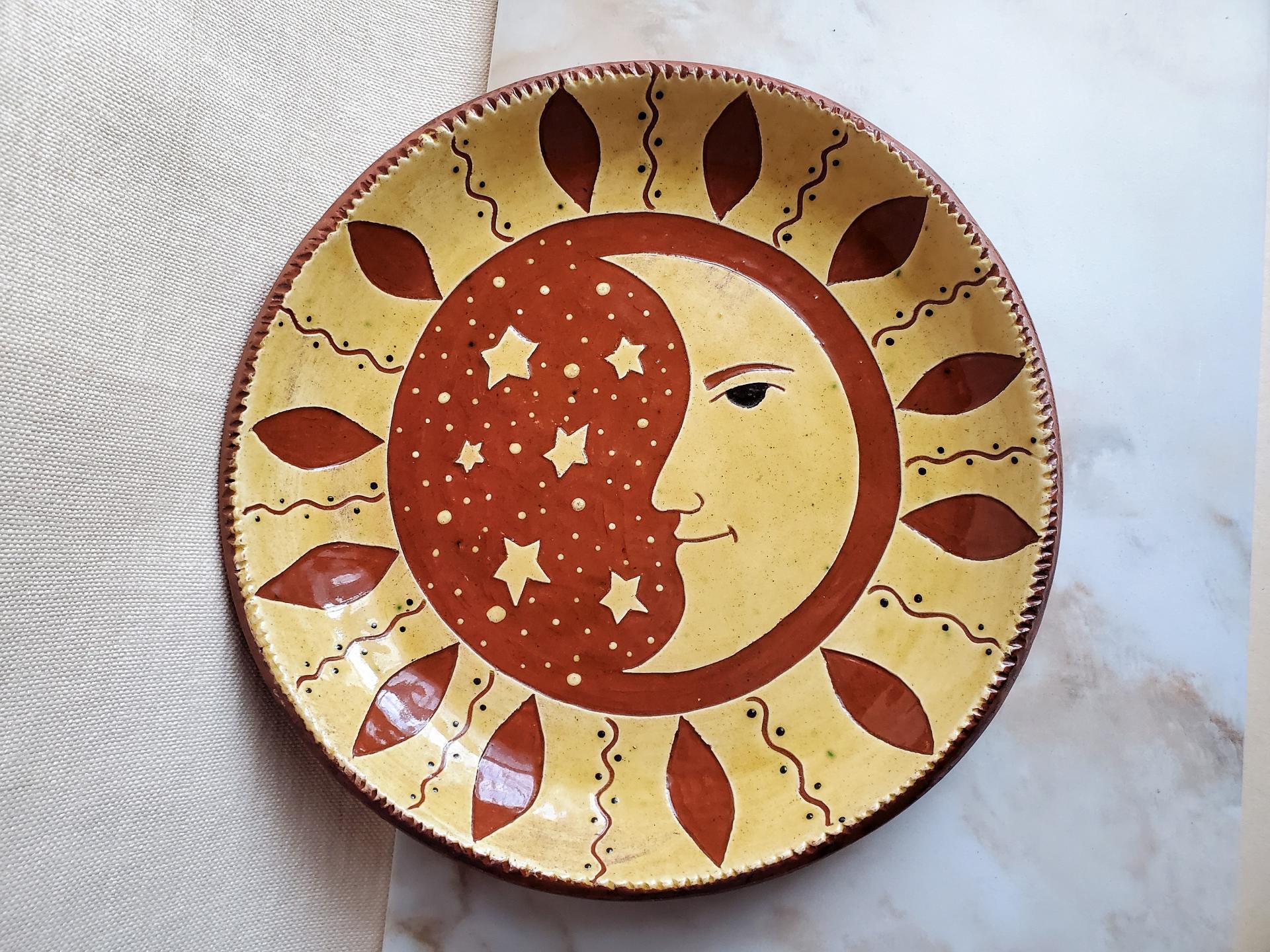 Custom Order Kulina Folk Art Redware 11 in. Plate with a Man in the Moon Sgraffito Motif