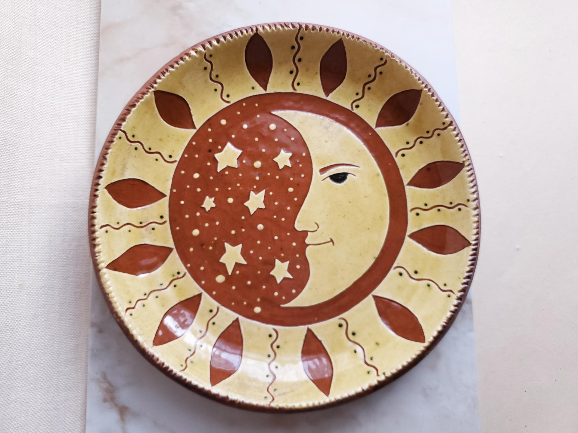 Redware 11 in. Plate with a Man in the Moon Sgraffito Motif