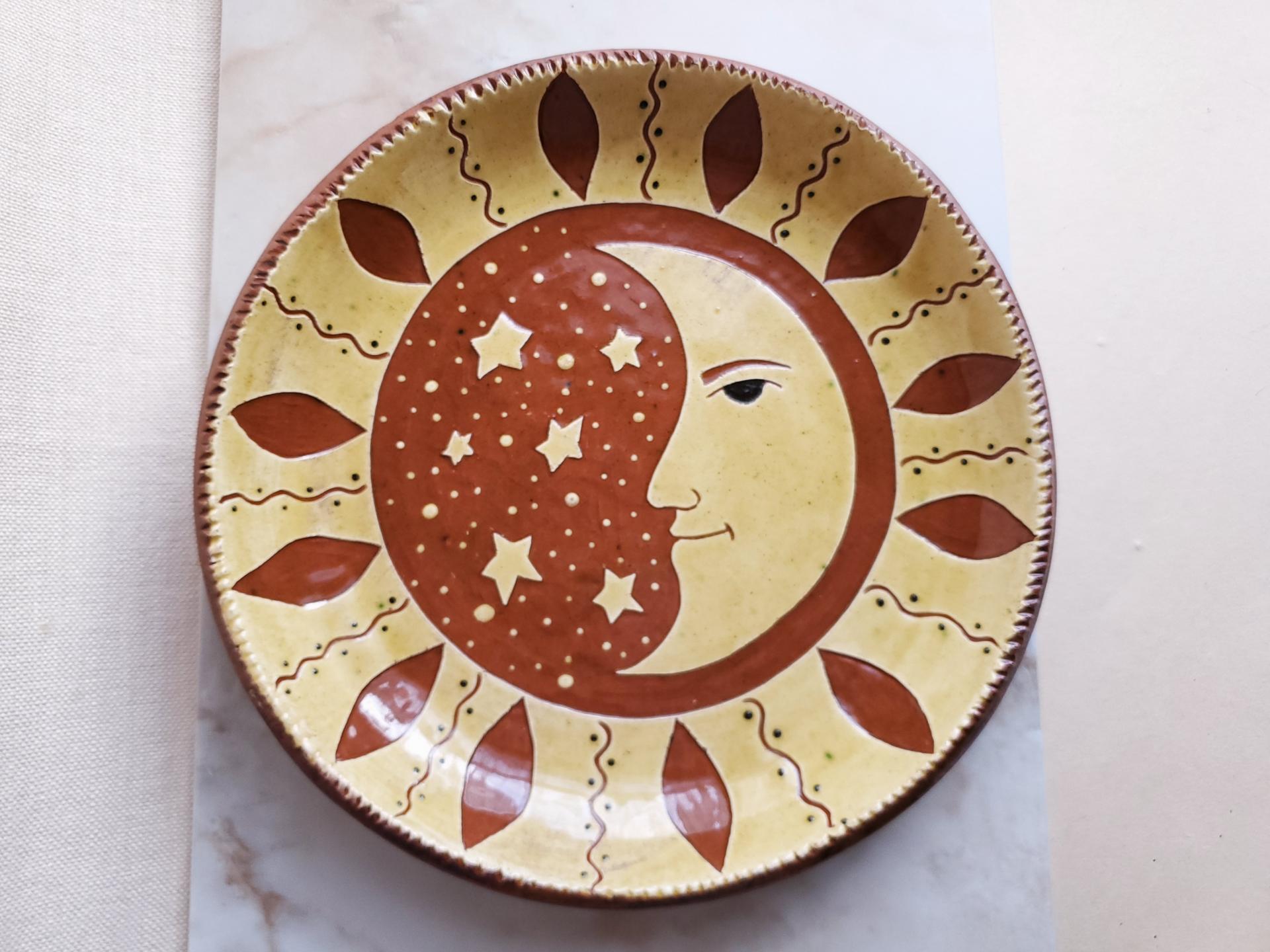 Custom Order Kulina Folk Art Redware 11 in. Plate with a Man in the Moon Sgraffito Motif