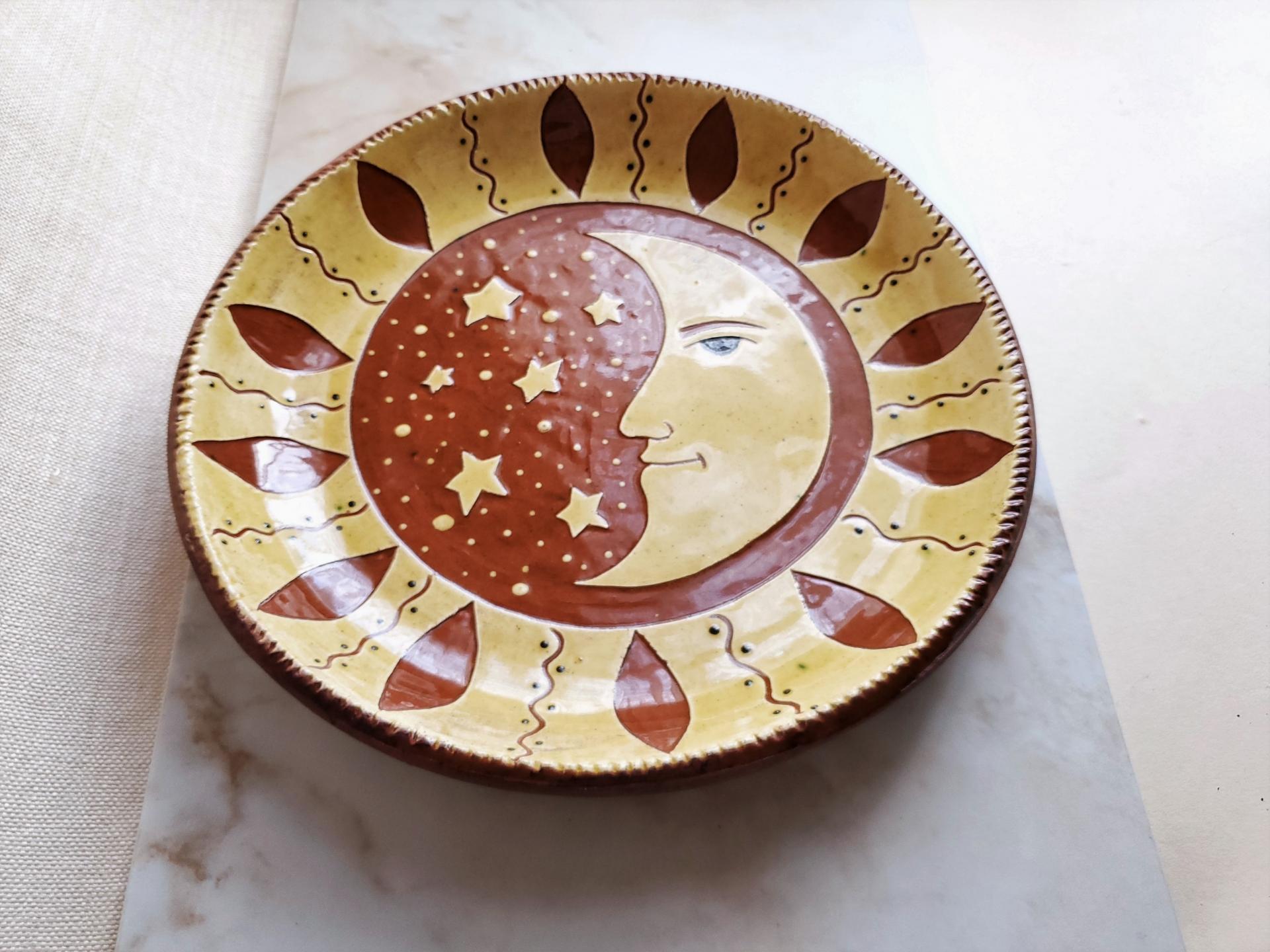 Custom Order Kulina Folk Art Redware 11 in. Plate with a Man in the Moon Sgraffito Motif