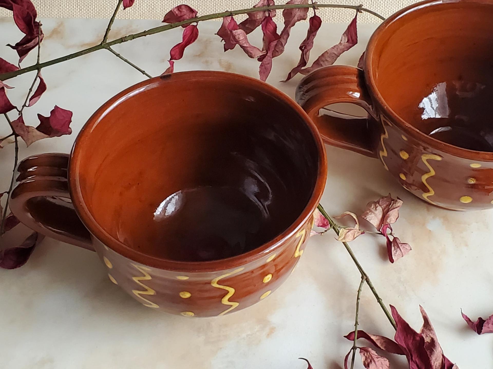 Redware Soup, Chowder, Cereal, Chili Bowls with Squiggles and Dots Decoration