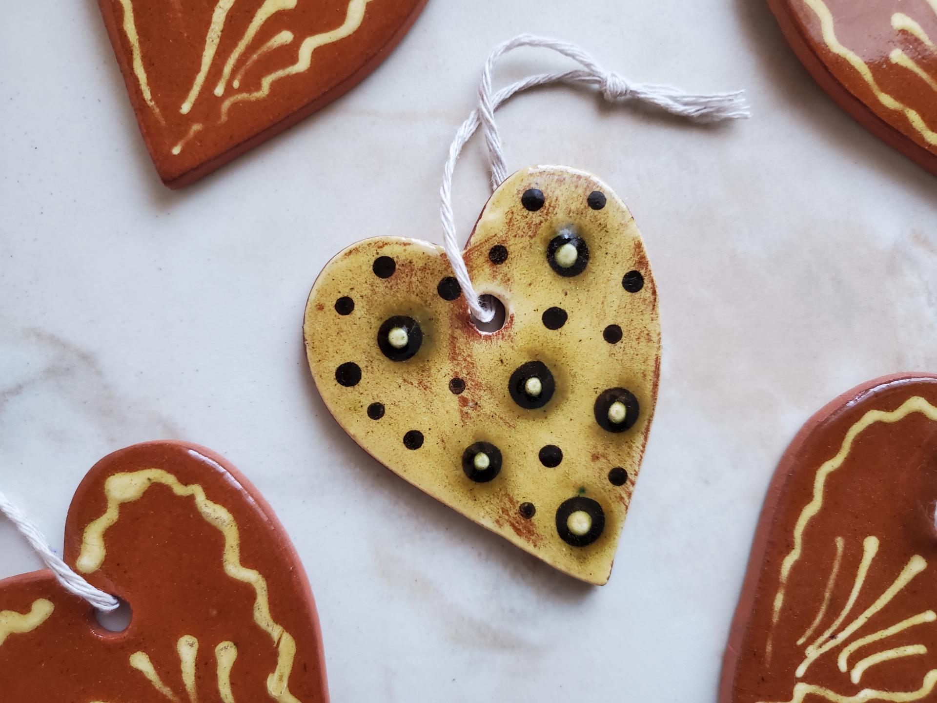 Redware Heart Ornaments with Green & Black Dots