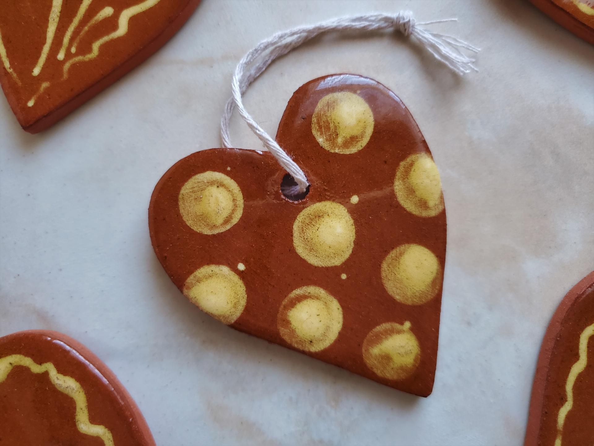 Redware Hearts (2) with Yellow Dots