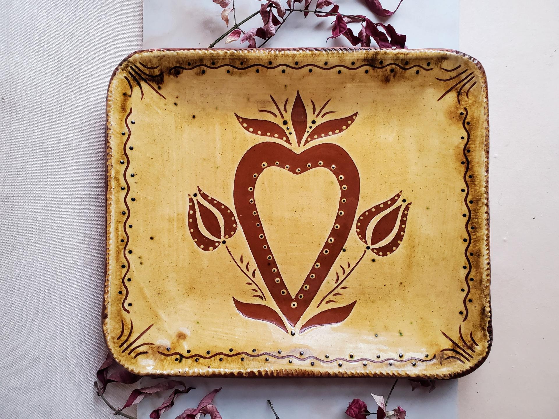 Redware Platter with Heart, Tulips and Leaves Sgraffito Decoration