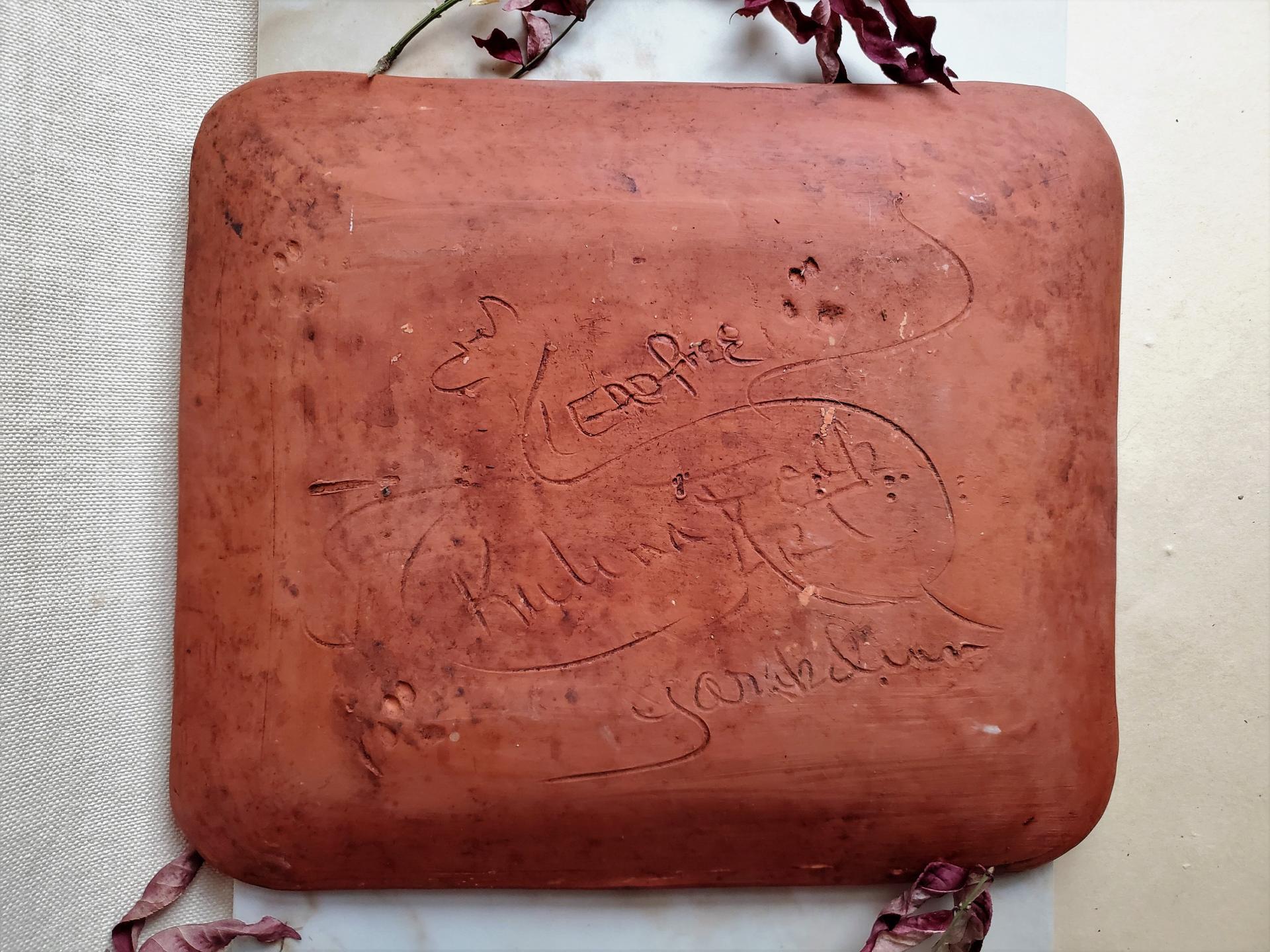 Redware Platter with Heart, Tulips and Leaves Sgraffito Decoration