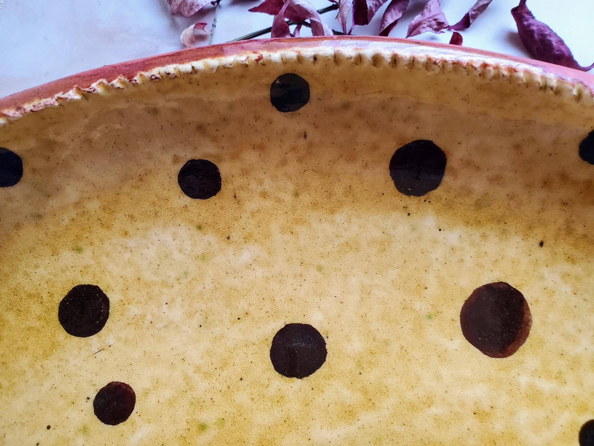 Custom Order Kulina Folk Art Redware Oval Platter with Black Polka Dots Pattern