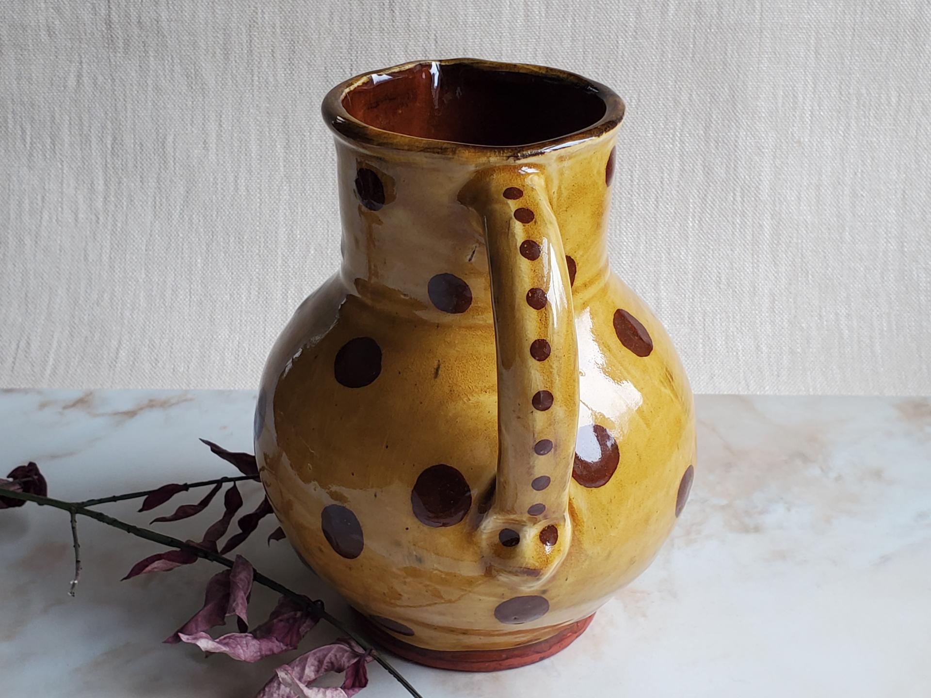 Redware Pitcher with Black Polka Dots