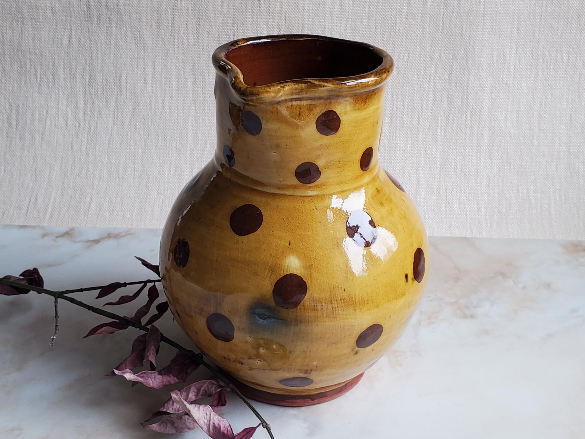 Redware Pitcher with Black Polka Dots