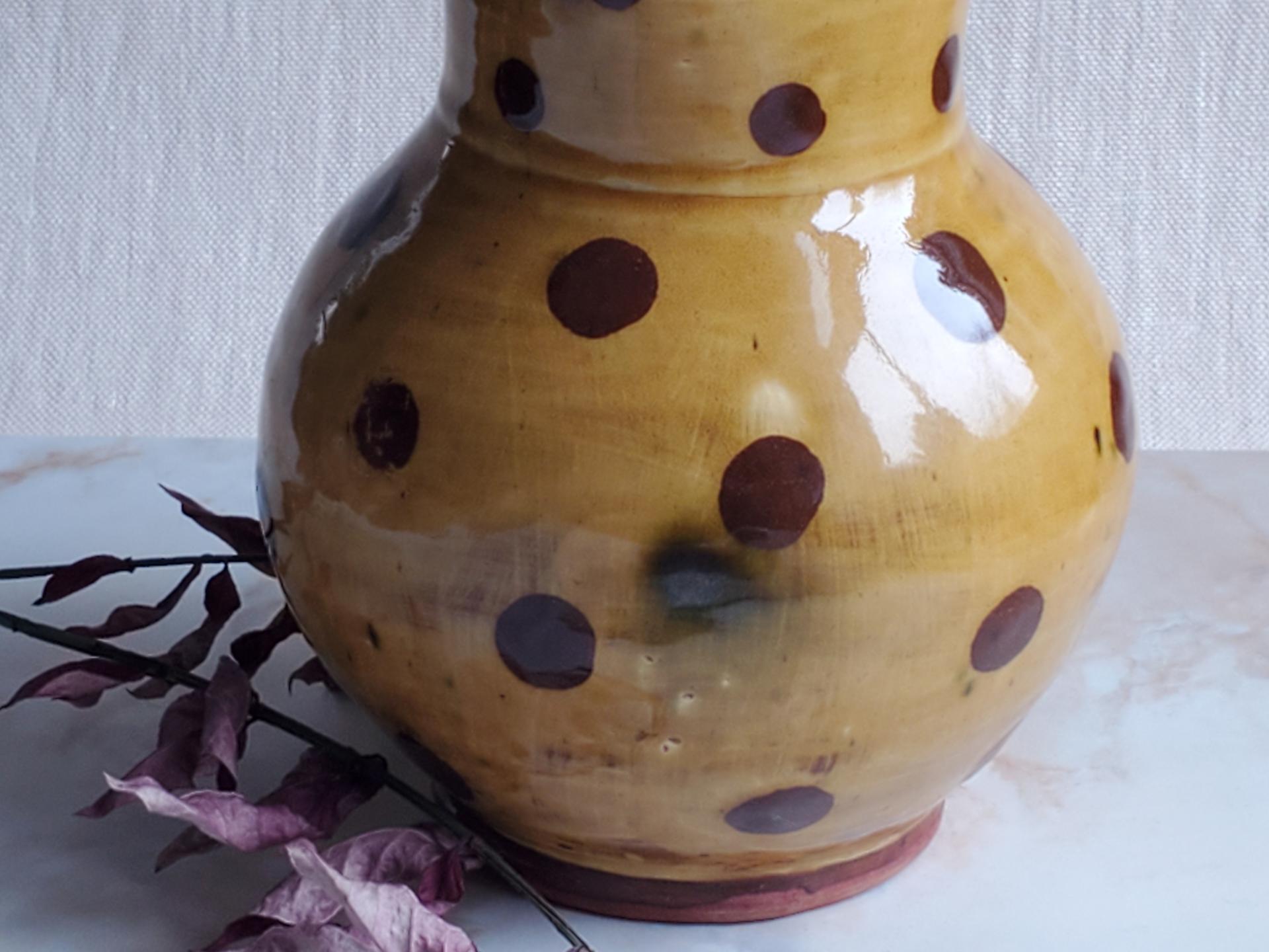 Redware Pitcher with Black Polka Dots