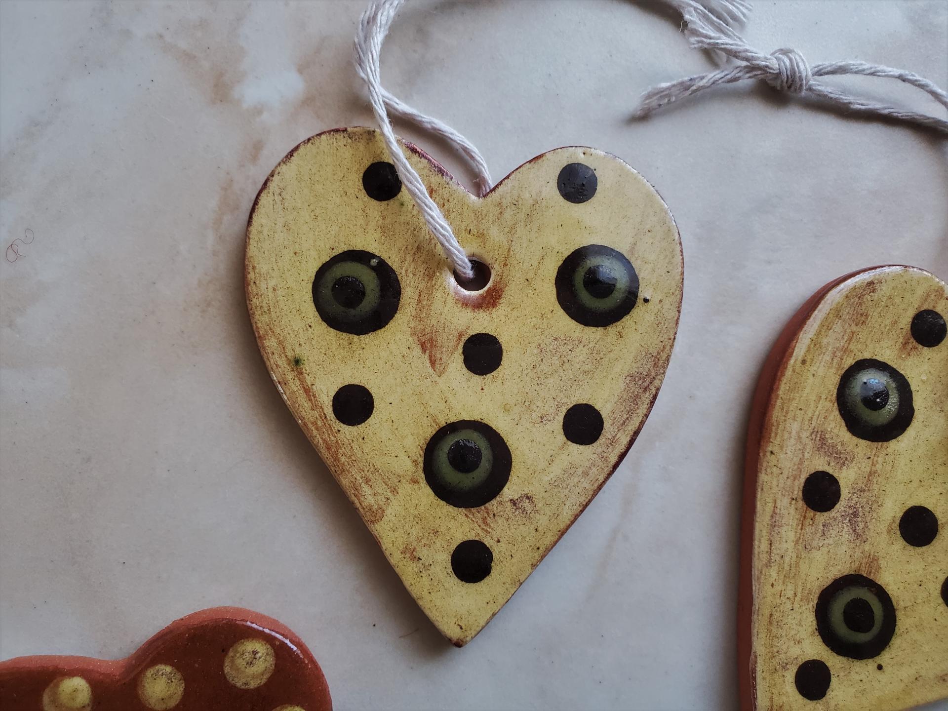 Set of 2 Redware Heart Ornaments, Kulina Folk Art - Slip Decorated, Twine Strung