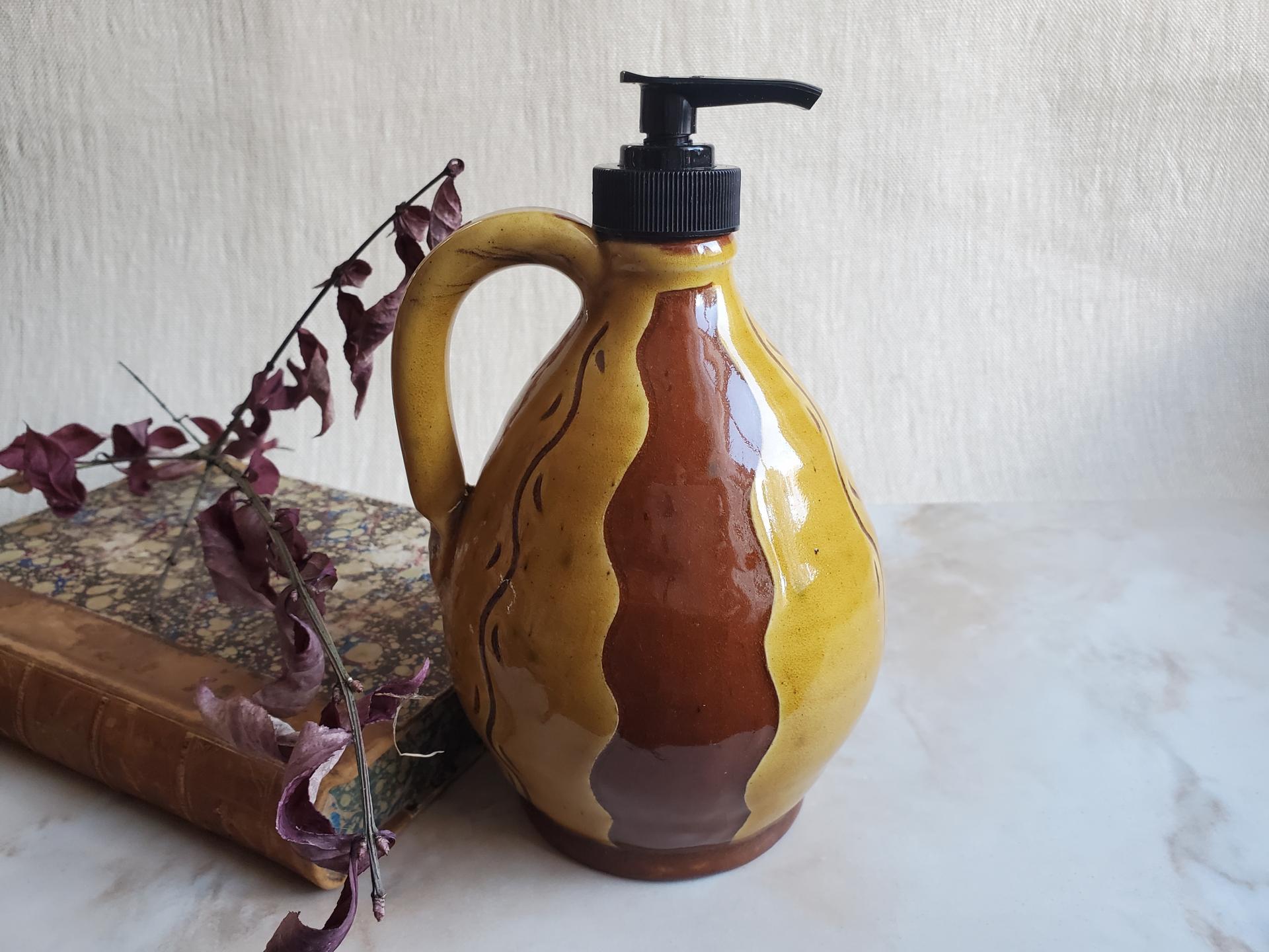 Redware Soap/Lotion Dispenser (a) Sgraffito Decorated