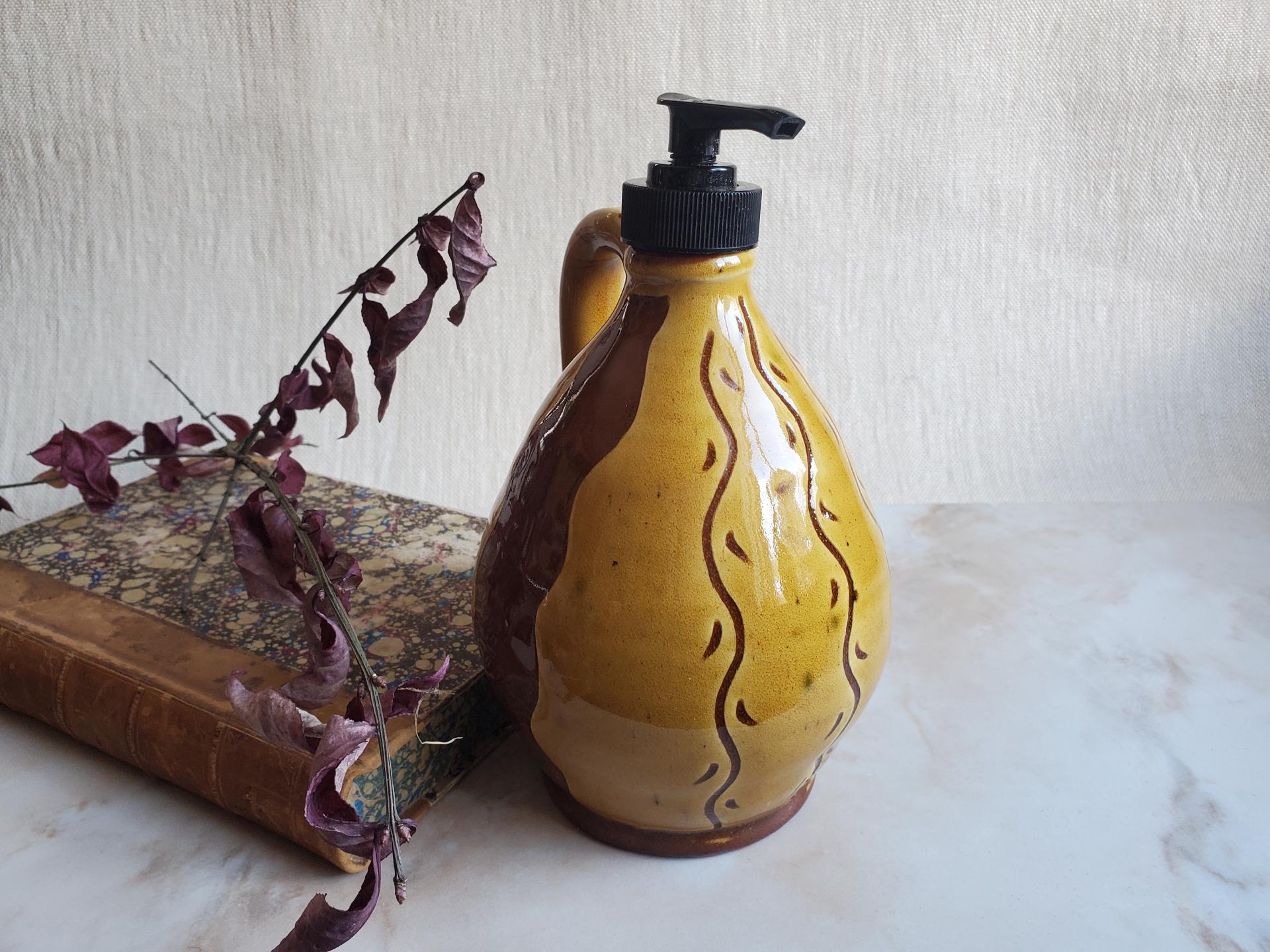 Redware Soap/Lotion Dispenser (a) Sgraffito Decorated
