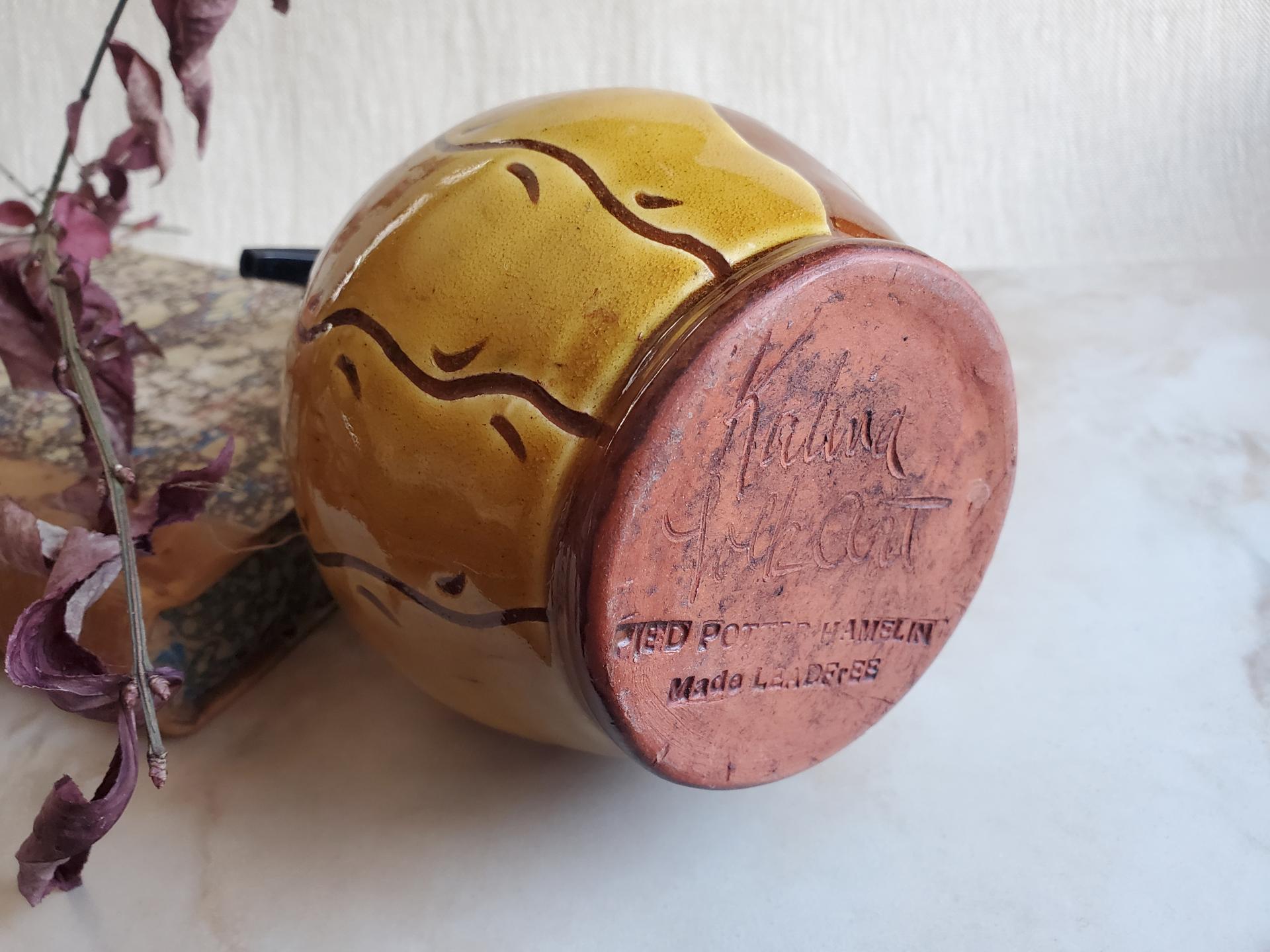Redware Soap/Lotion Dispenser (a) Sgraffito Decorated