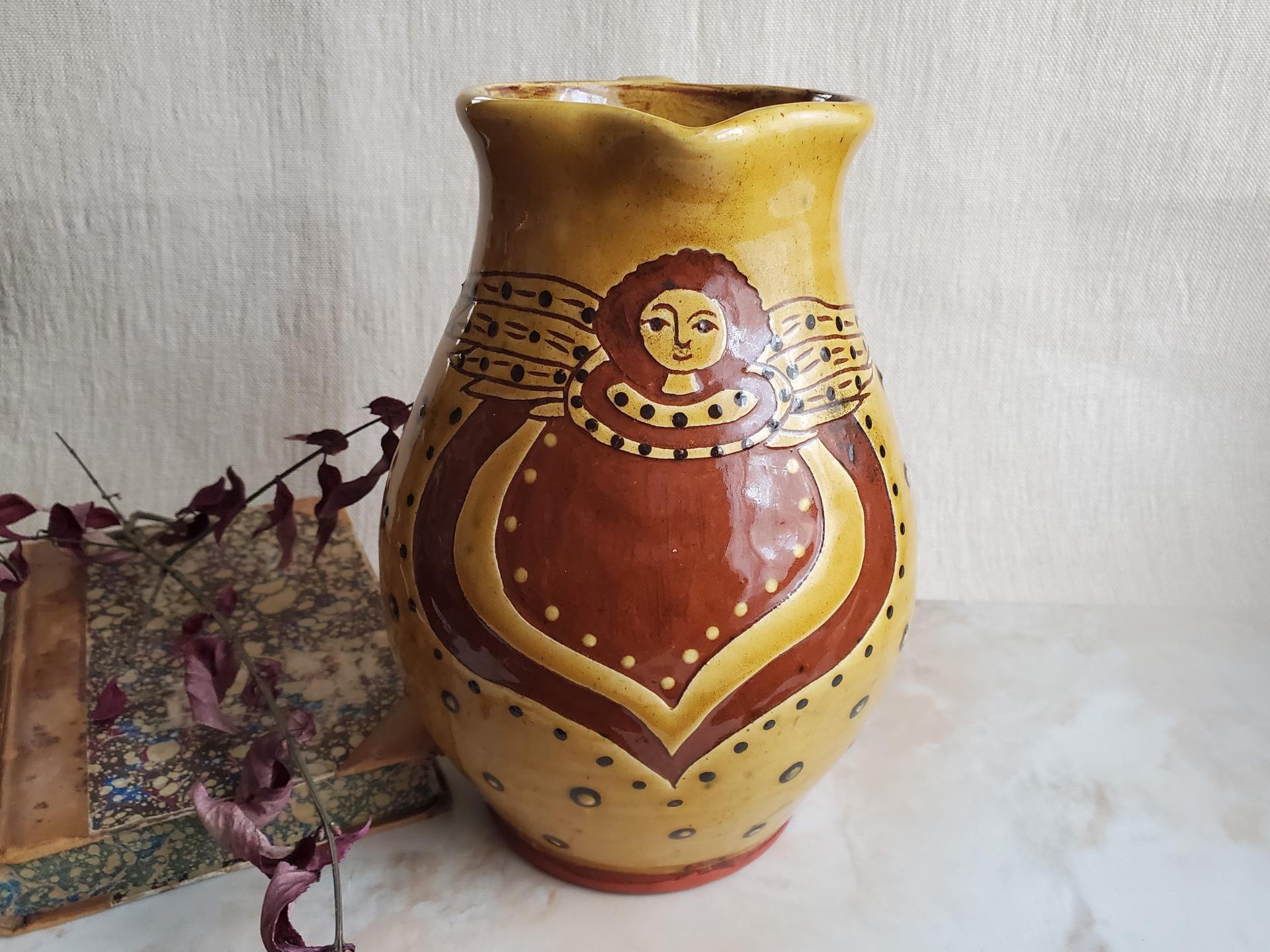 Redware Pitcher, Angel with Wings Sgraffito Motif
