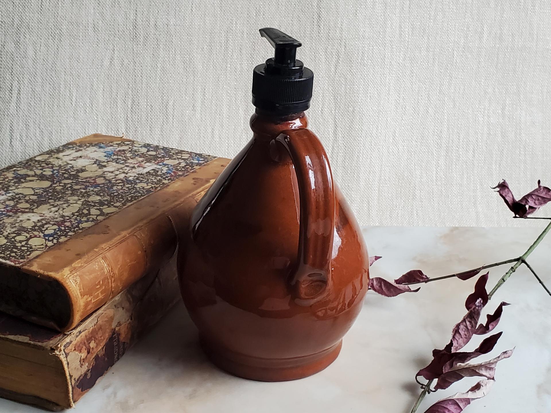Redware Soap/Lotion Dispenser with Black Flower Motif (d)