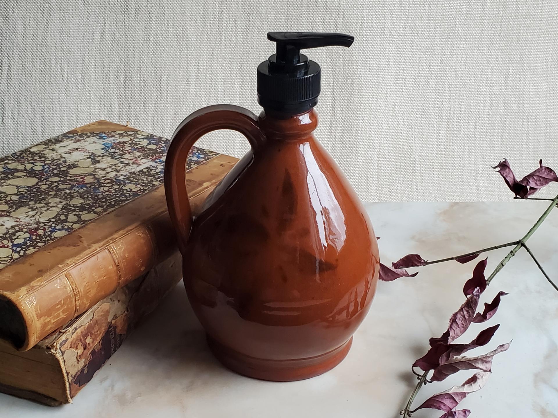 Redware Soap/Lotion Dispenser with Black Flower Motif (d)