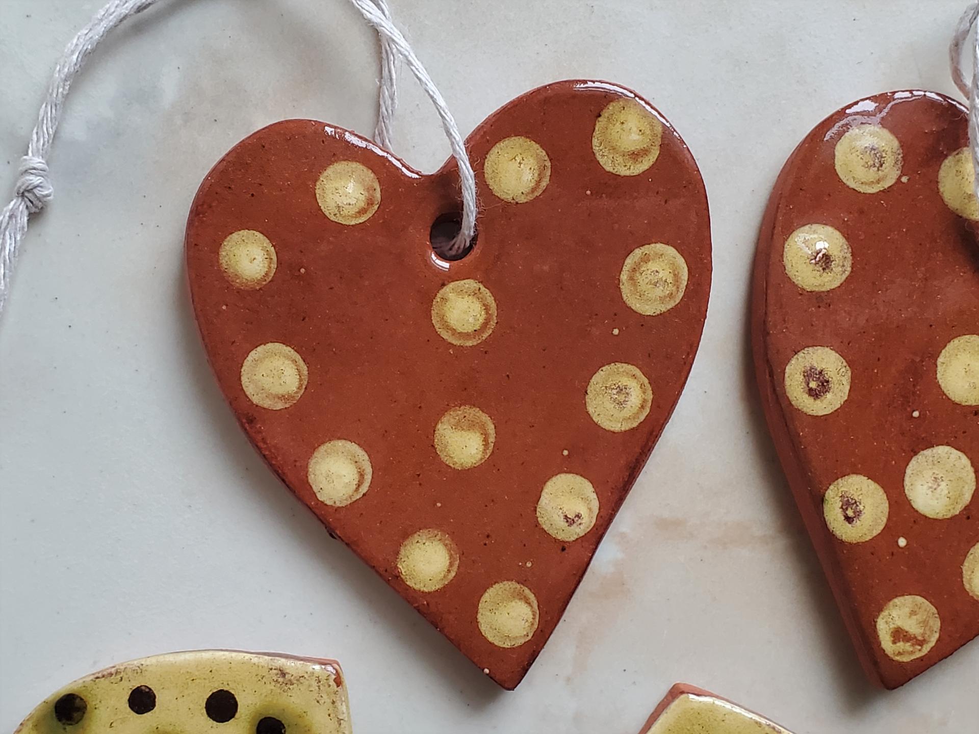 Redware Heart Ornaments (2) with White Polka Dots