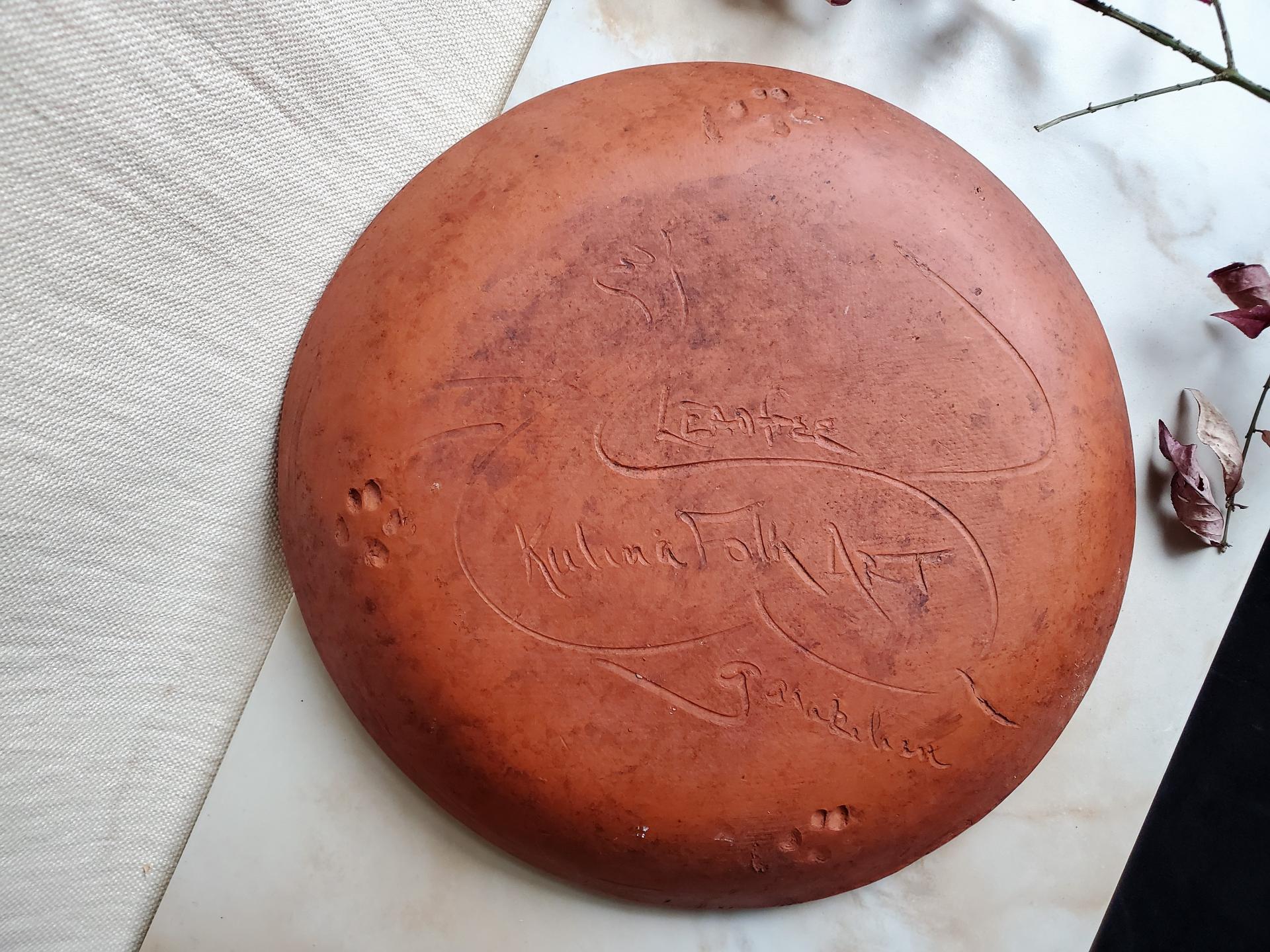 Redware 11 in Plate with Heart and Tulips Sgraffito Motif