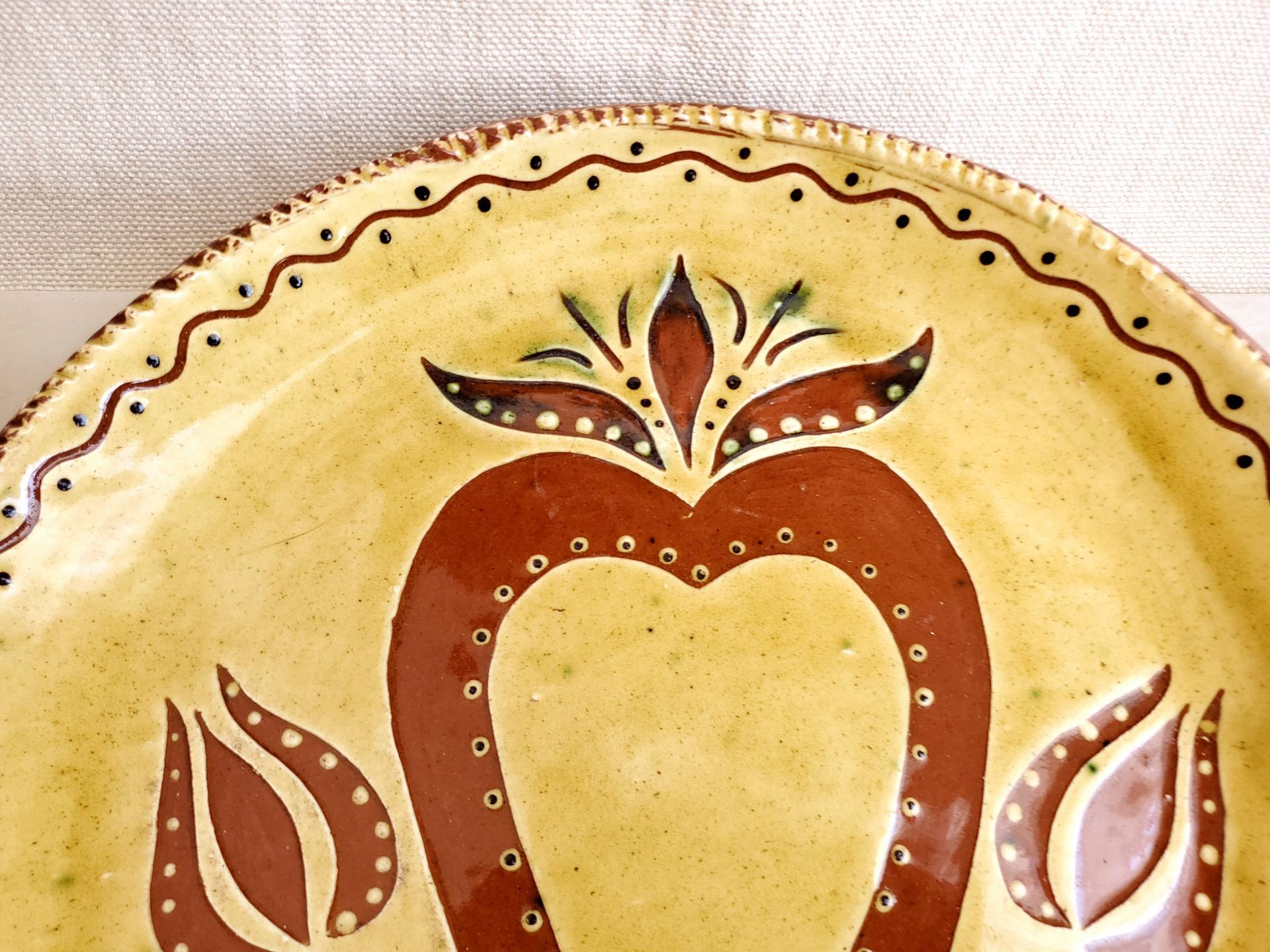 Redware 11 in. Plate with Heart, Tulips and Leaves Sgraffito Decoration