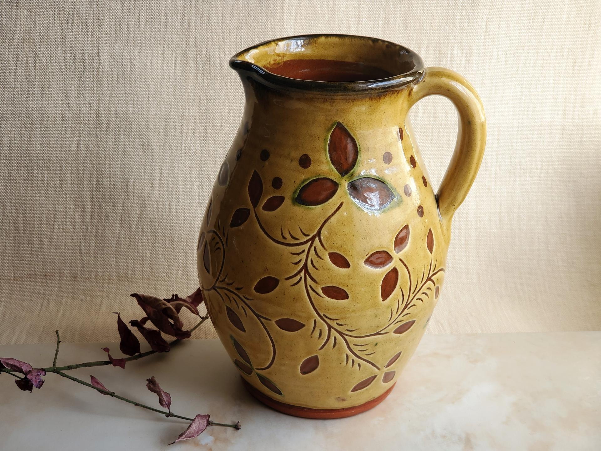 Redware Pitcher, Ivy Leaf Sgraffito Motif