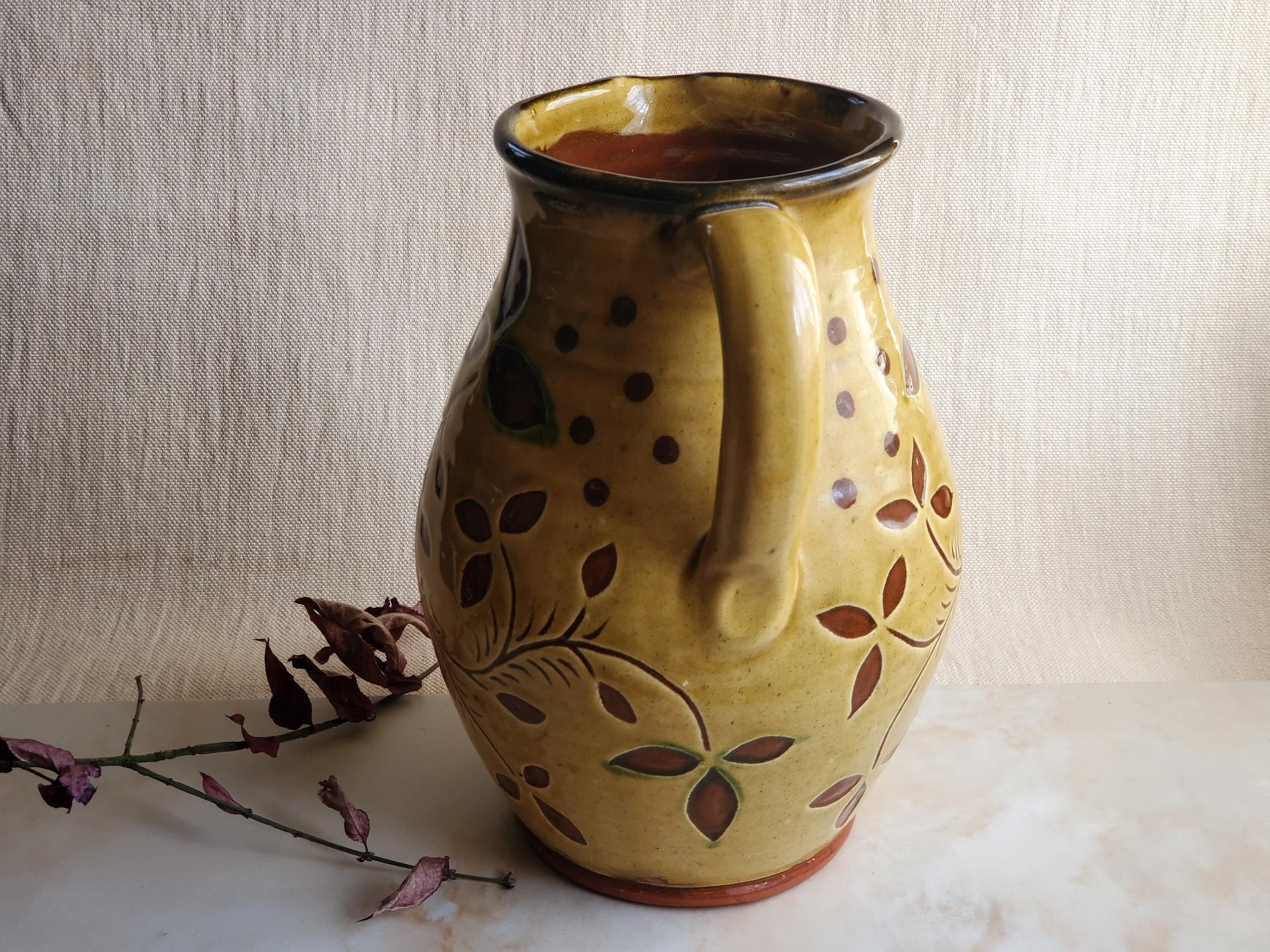 Redware Pitcher, Ivy Leaf Sgraffito Motif