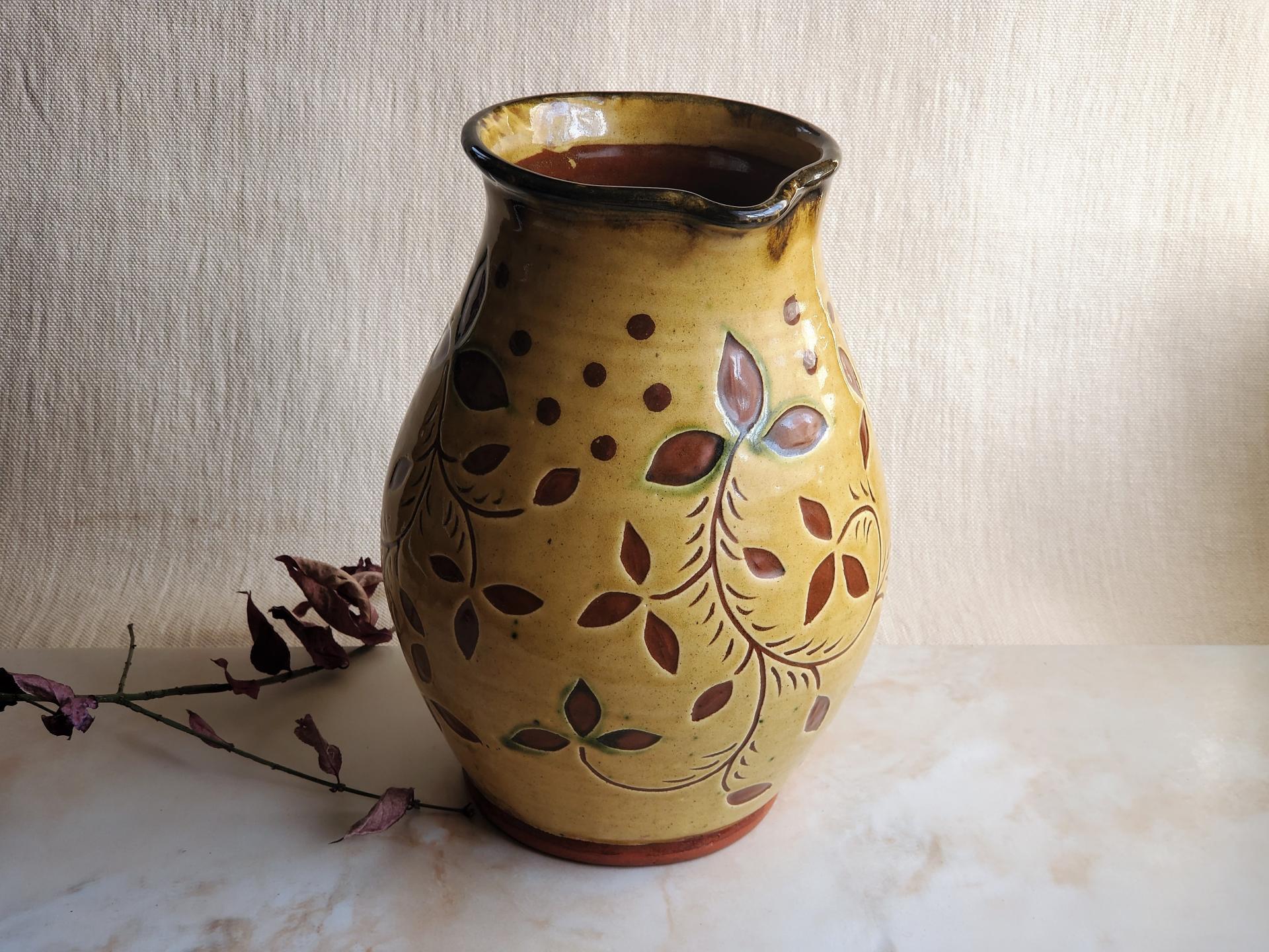 Redware Pitcher, Ivy Leaf Sgraffito Motif
