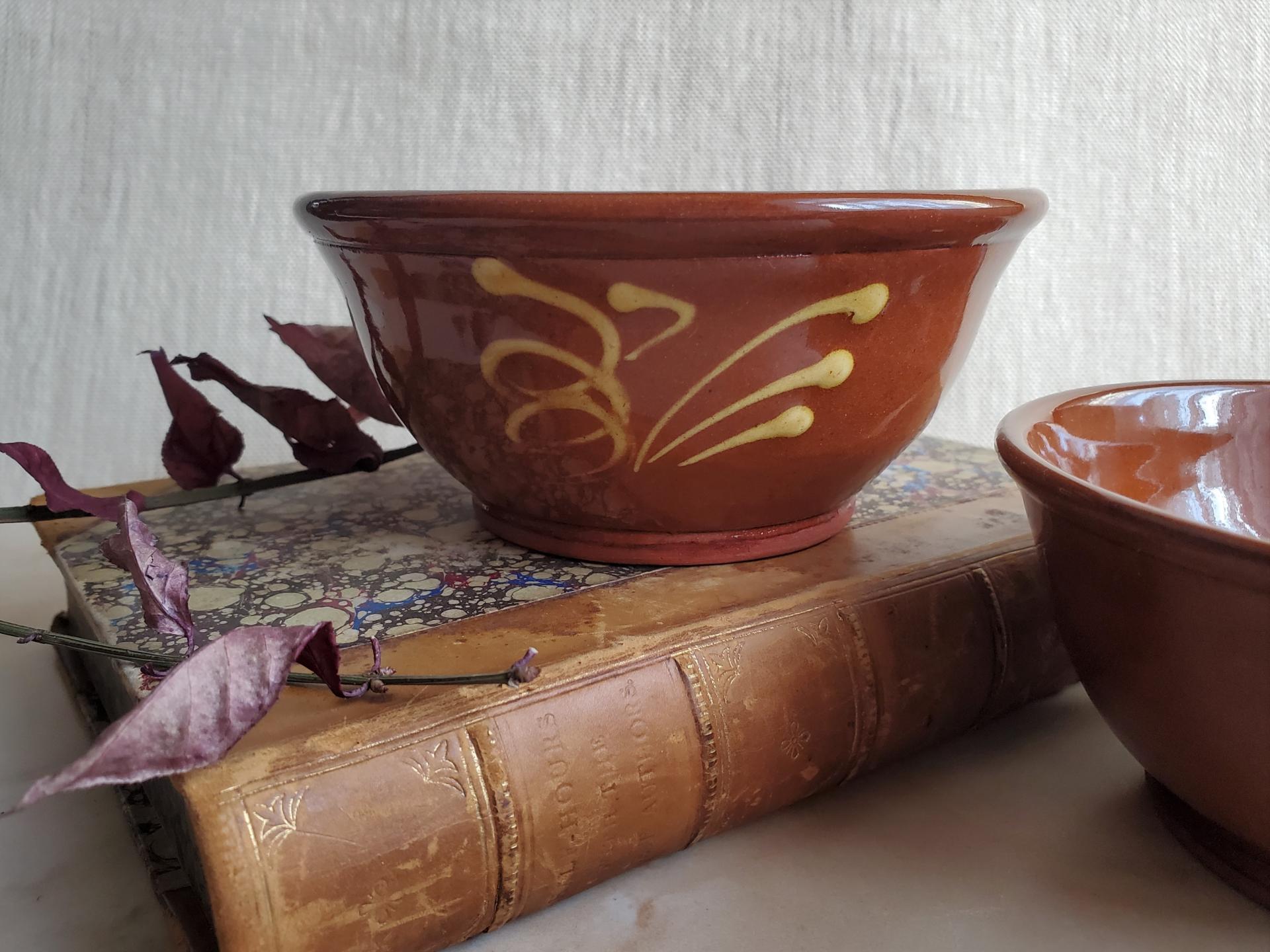 Redware 5 inch Bowl with "Feather" Motif