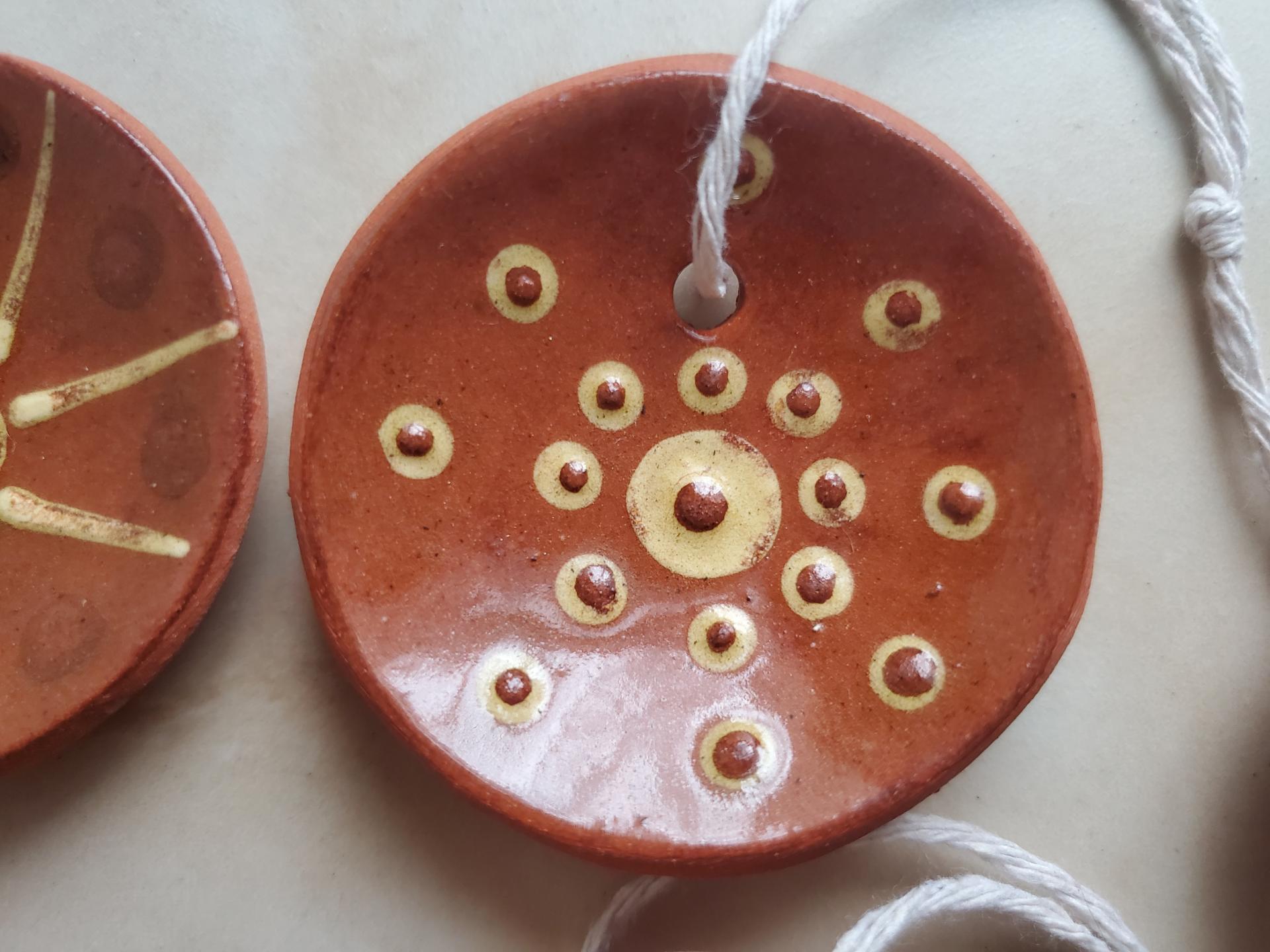 Redware Mini Plate Ornaments (4) with Slip Decoration