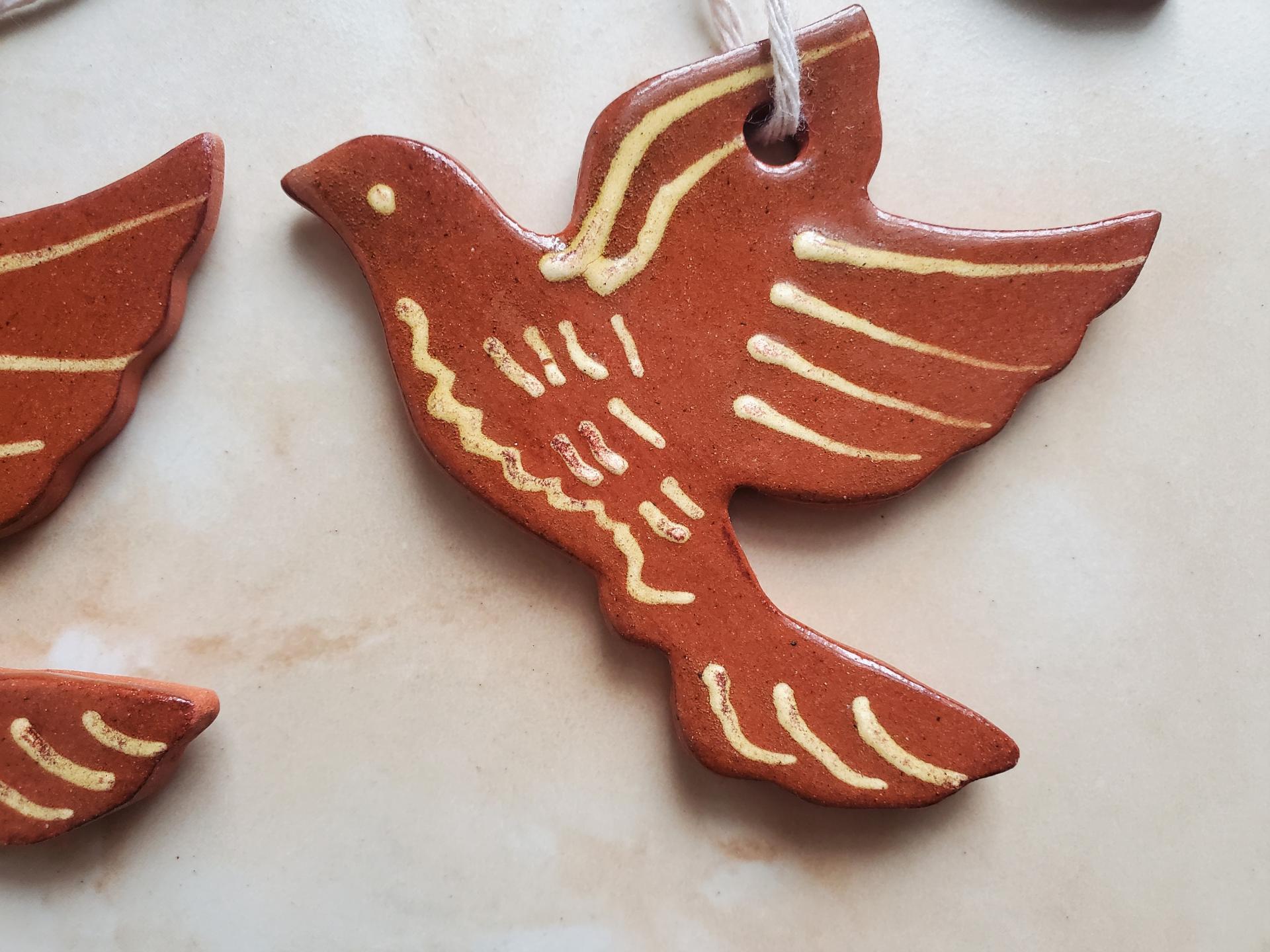 Set of Two Dove-Shaped Redware Ornaments with Slip Decoration, by Kulina Folk Art