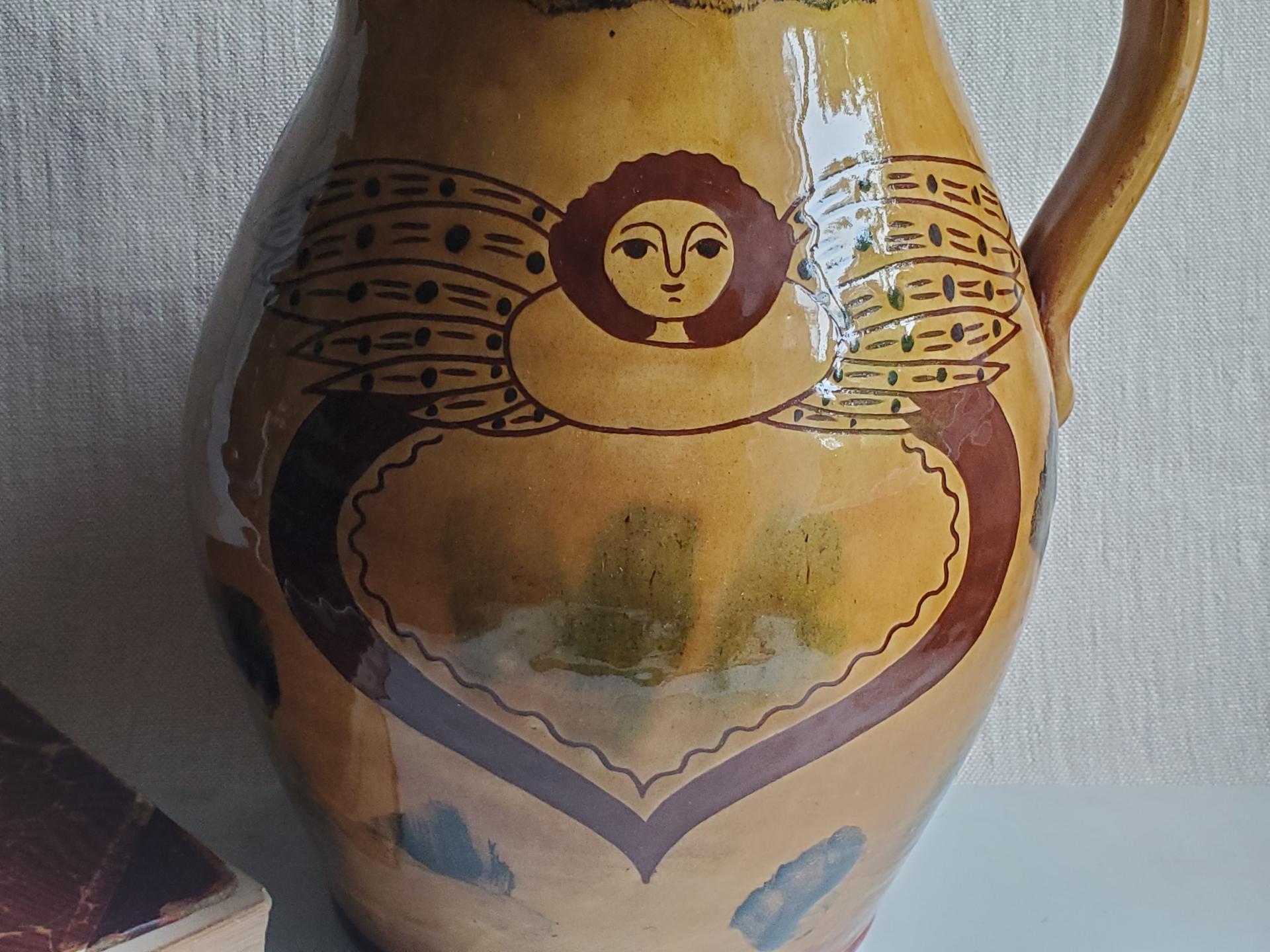 Large Redware Pitcher, Angel with Wings Sgraffito Motif