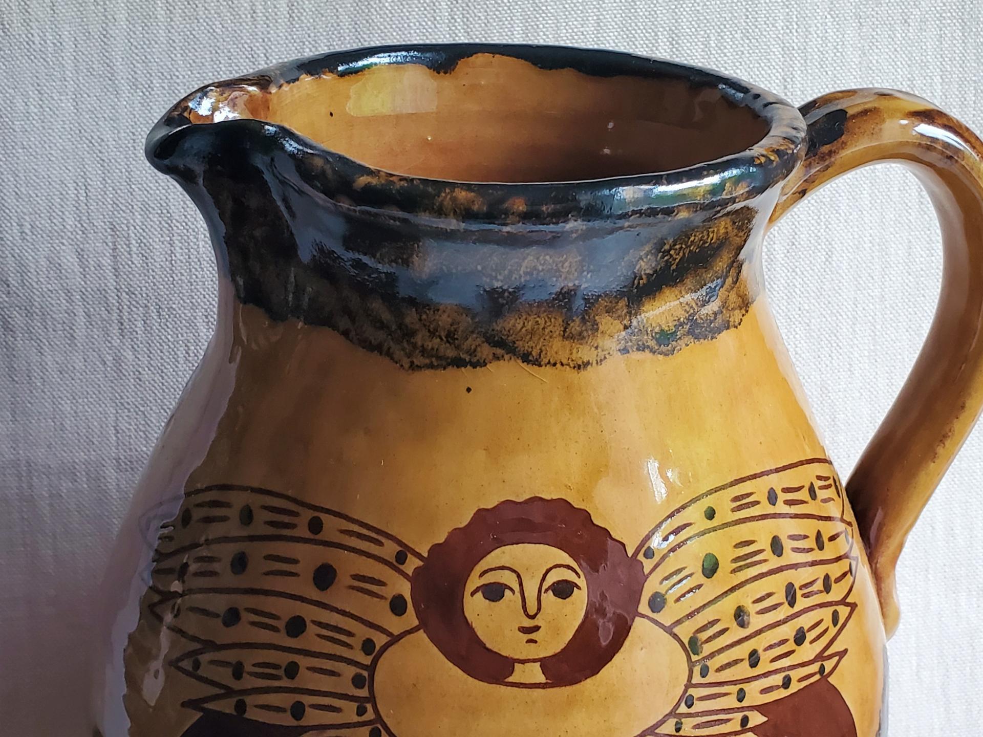 Large Redware Pitcher, Angel with Wings Sgraffito Motif